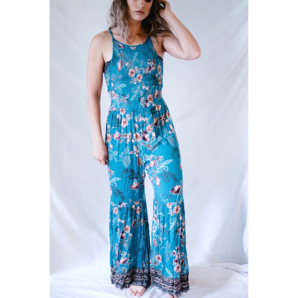 Angie Teal Flora Romper Jumpsuit